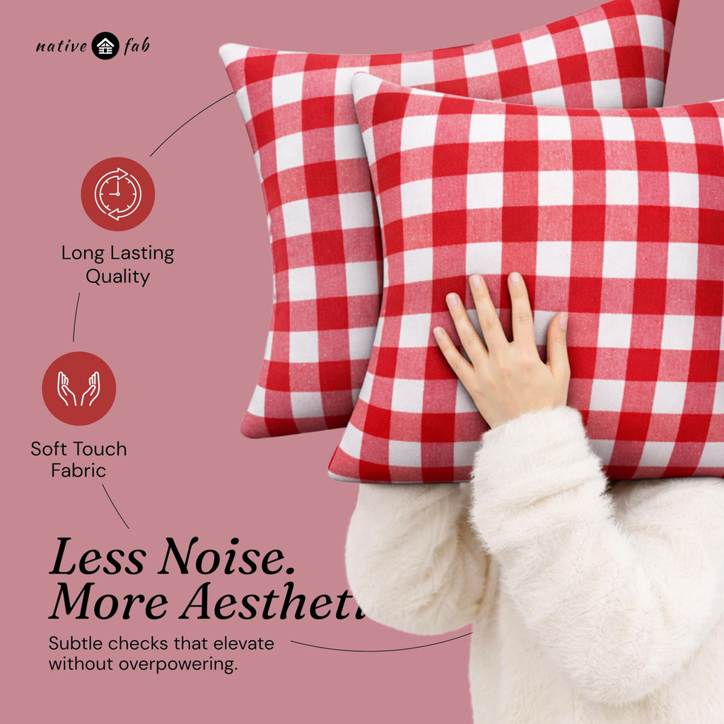 Throw Pillow Covers 2 Pack, 18x18 Inches, 100% Cotton, Classic Gingham Check Design, Decorative Cushion Cases, Rustic