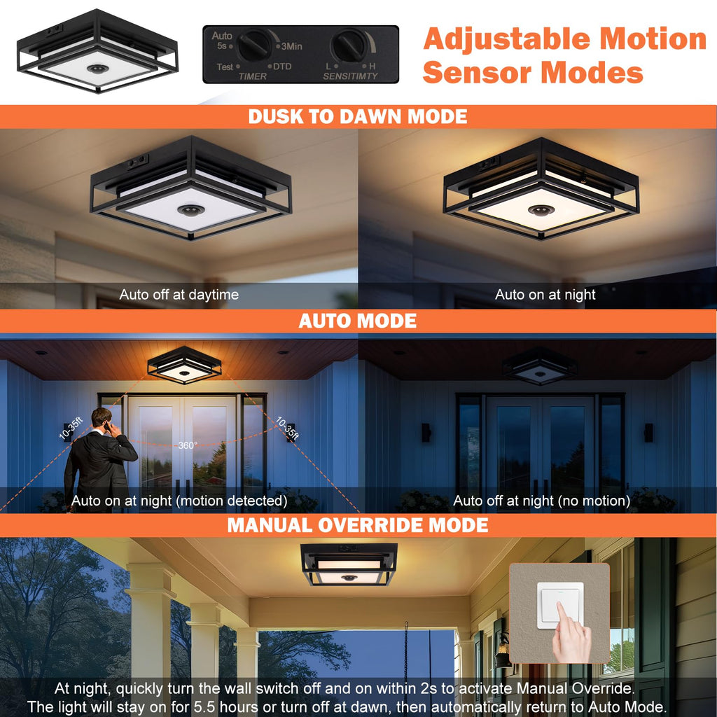 LED Motion Sensor Outdoor Ceiling Light Square Flush Mount Lighting 2 Pack