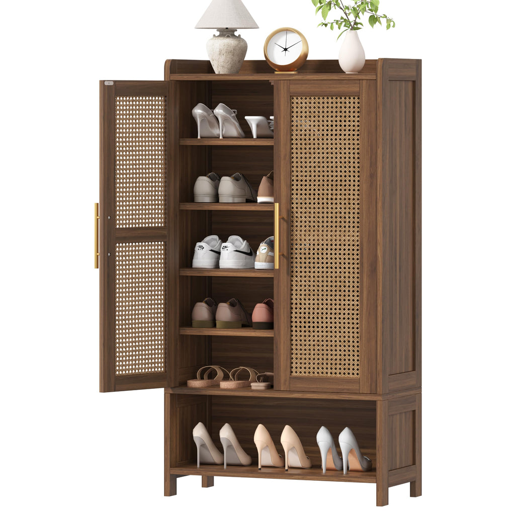 Rattan Shoe Cabinet with Doors & Adjustable Shelves, Walnut