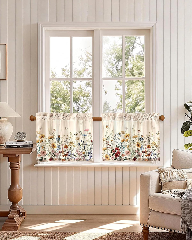 Floral Kitchen Tier Curtains (Set of 2 Panels) - Linen Blend Farmhouse Cafe Curtains Vintage Small Window Treatments