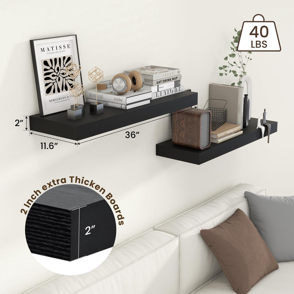 Deep Floating Shelves, 36'' x 12'' Black Shelves for Wall Set of 2