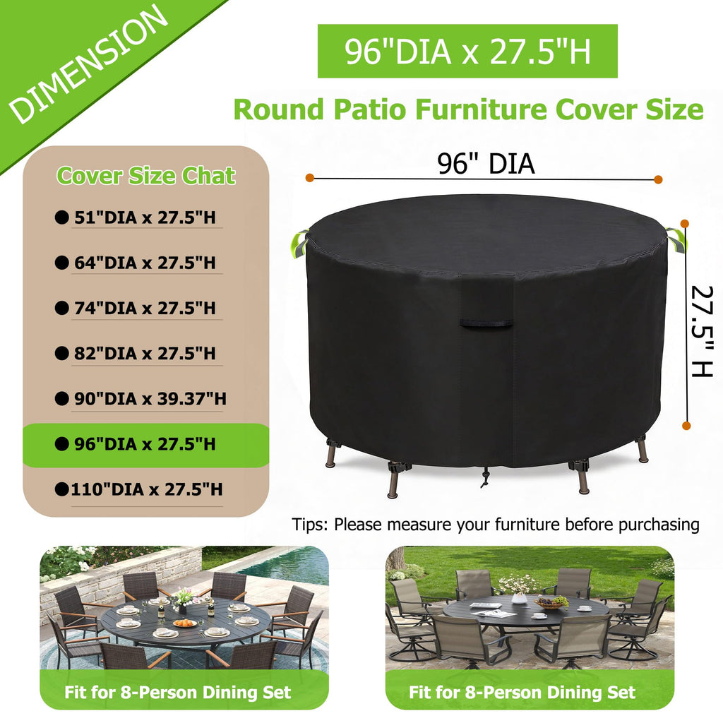 Round Patio Furniture Covers, 96" Dia Waterproof Round Outdoor Table Cover