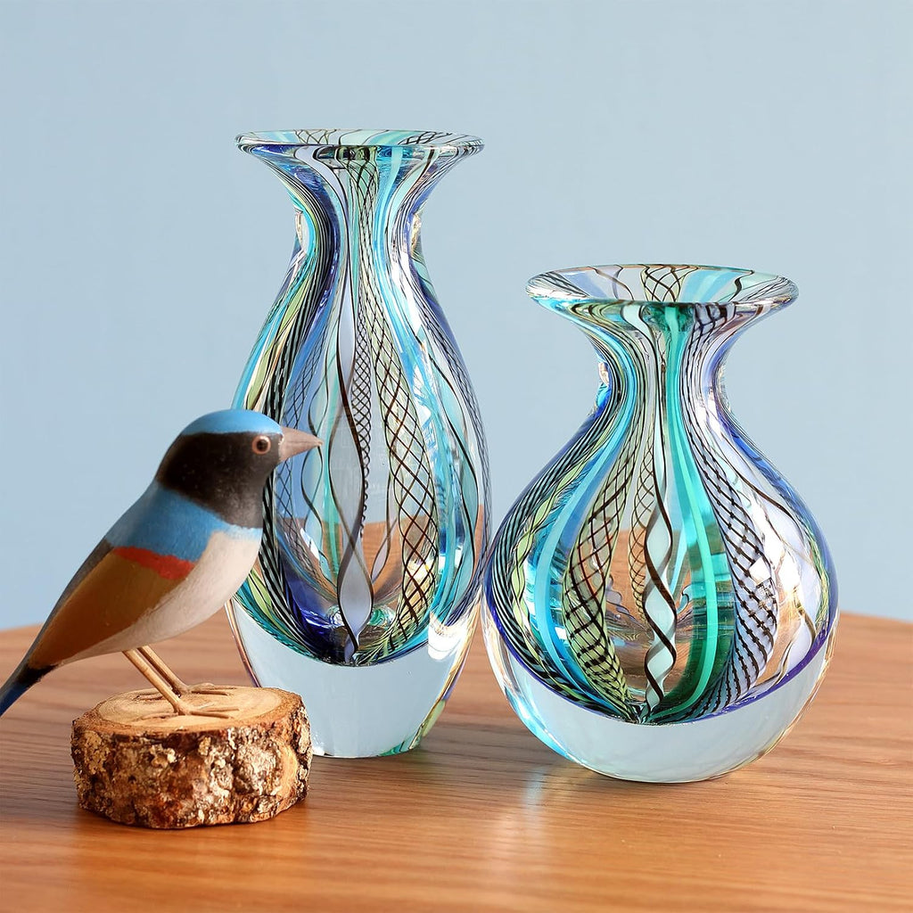 Murano Style Glass Vases Hand Blown Blue Canes Boho Effect Home Decor - Set of 2