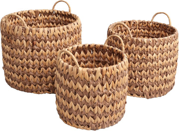 Cassia 3-Piece Handwoven Hyacinth Nesting Baskets, Brown/Natural | Two-Tone Style, Integrated Round Handles, Durable