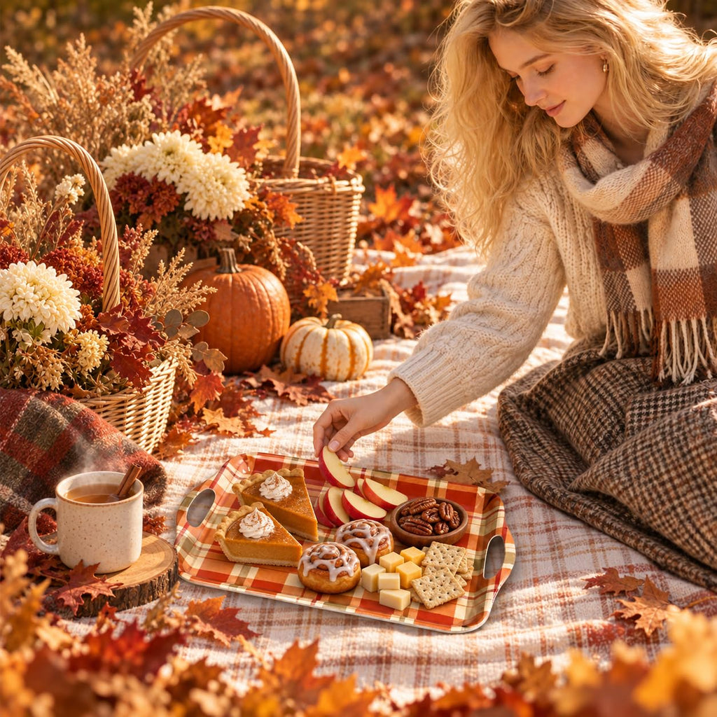 Serving Trays with Handles, Set of 2, 16 x 11.4 Inch Bamboo Fiber Rectangular Food Trays, Fall Plaid, Dishwasher Safe