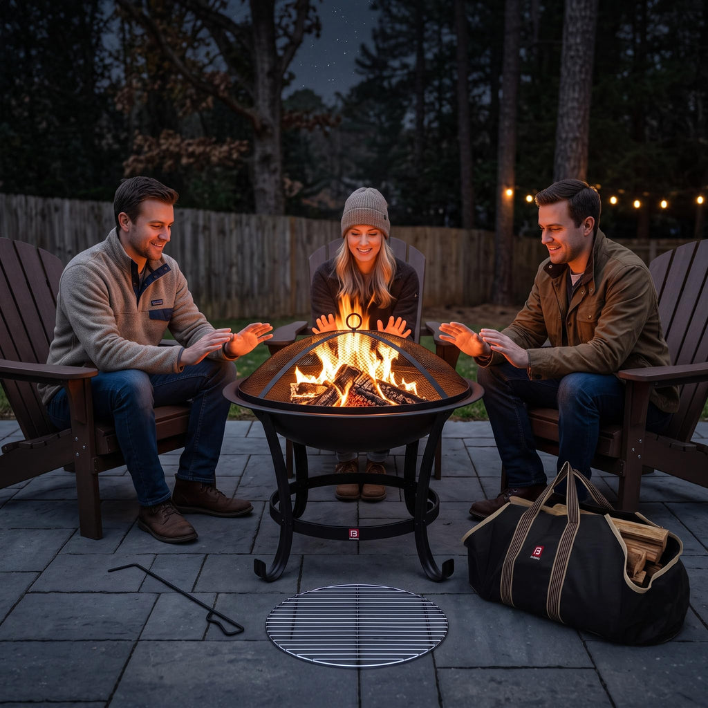 22" Fire Pit with 2-in-1 BBQ Grill, Spark Screen & Tote Bag