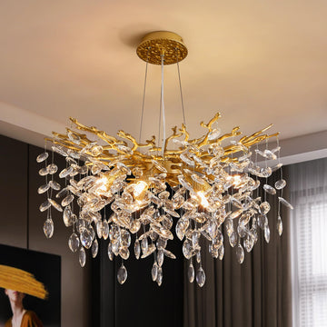 Modern Tree Branch Crystal Chandelier Luxury Gold Crystal Pendant Lighting 23.6" Contemporary 8-Light Chandeliers