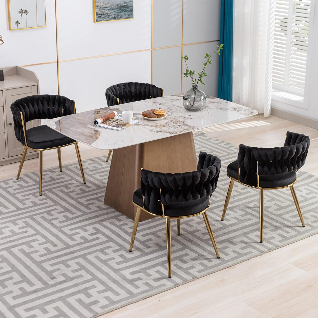 Velvet Dining Chairs Set of 2, Gold Modern Dining Chair with Metal Legs, Woven Upholstered Dining Chairs for Dining