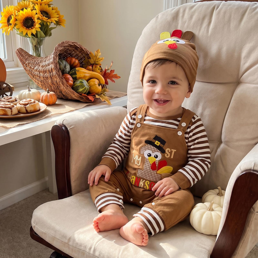 Newborn Baby Boy First Thanksgiving Outfit Stripe Long Sleeve Romper Turkey Overall Pants Hat Set 3Pcs Clothes