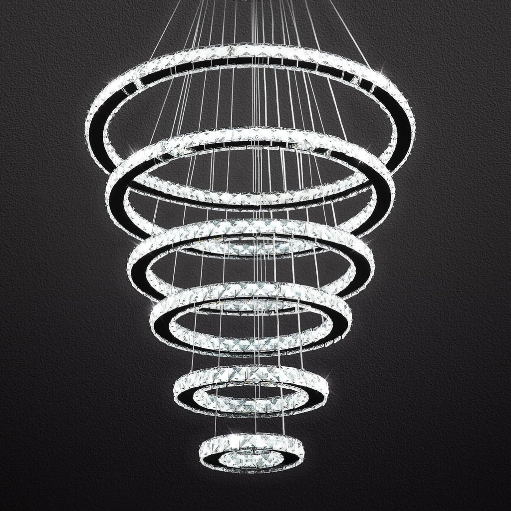 Modern Crystal Chandelier Lighting, 6 Ring Chandelier LED Ceiling Lights Fixtures with 3-Color, High Ceiling Foyer Chandeliers for Living Room Dining Room Staircase, D8-12-16-20-24"-28" A100-B07C2NGZ2T
