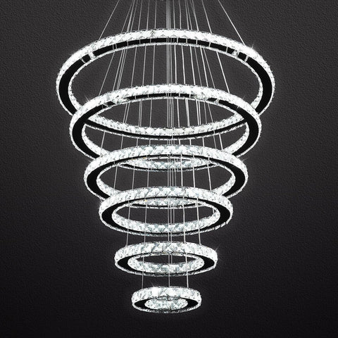 Modern Crystal Chandelier Lighting, 6 Ring Chandelier LED Ceiling Lights Fixtures with 3-Color, High Ceiling Foyer Chandeliers for Living Room Dining Room Staircase, D8-12-16-20-24"-28" A100-B07C2NGZ2T