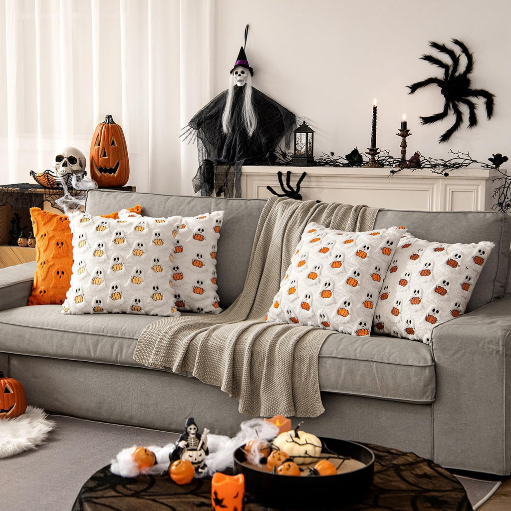 Halloween Pillow Covers Decorative Fall Cute Ghost Plush Faux Fur Pillows 18x18 Inch Soft Pumpkin Accents - Set of 2