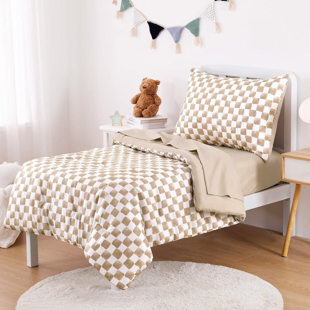 Toddler Bedding Set for Boys Girls, Cute Gingham Grid Checkered, 4 Pieces Soft Crib Bed Set Including Comforter