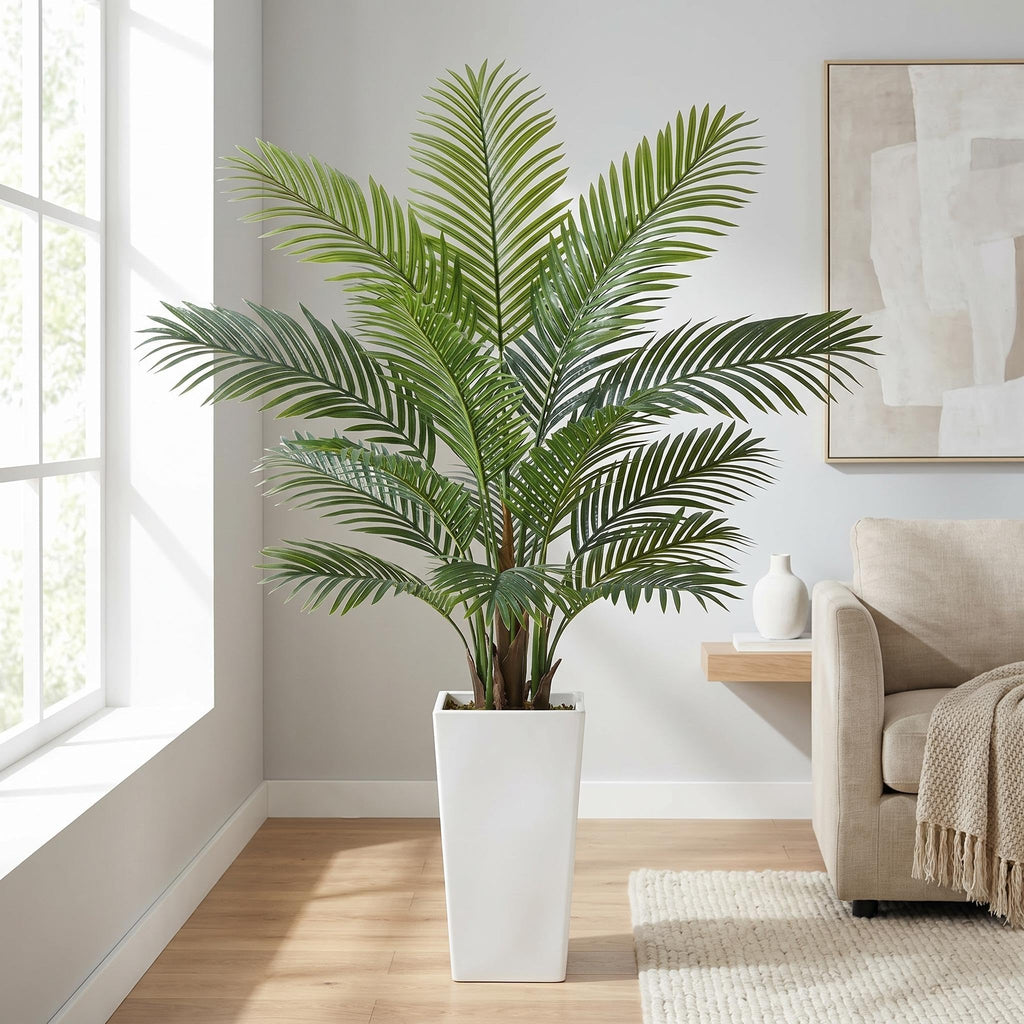 5FT Artificial Palm Tree, Tall Faux Tropical Areca Plants with White Tall Planter, Fake Potted Tree with Lifelike