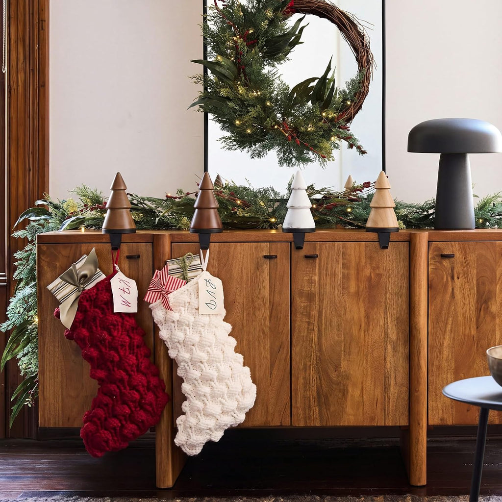 4 Pack Wooden Christmas Tree Stocking Holder for Mantle, Classic