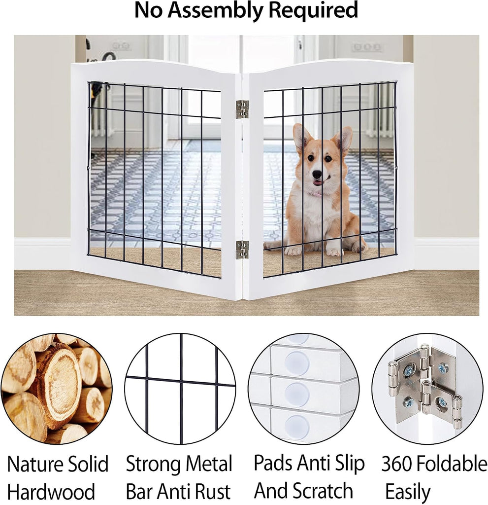 2-Panel Freestanding Foldable Wood Dog Gate - Solid Wood & Steel Wire, Chew-Resistant Pet Barrier for Indoor Use