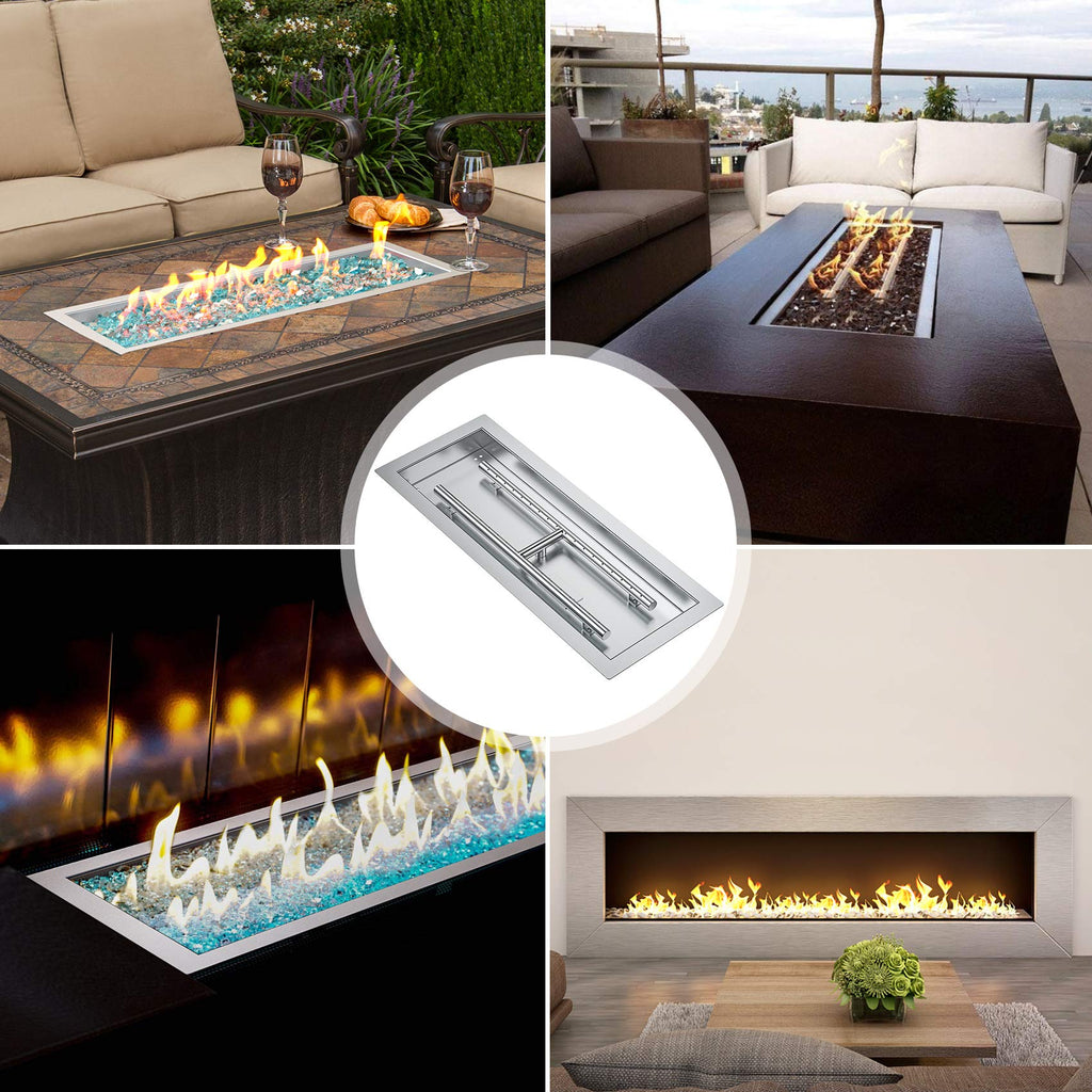 Rectangular Stainless Steel Drop-in Fire Pit Pan with Burner for Indoor/Outdoor, 24 by 8 Inch Burning Area