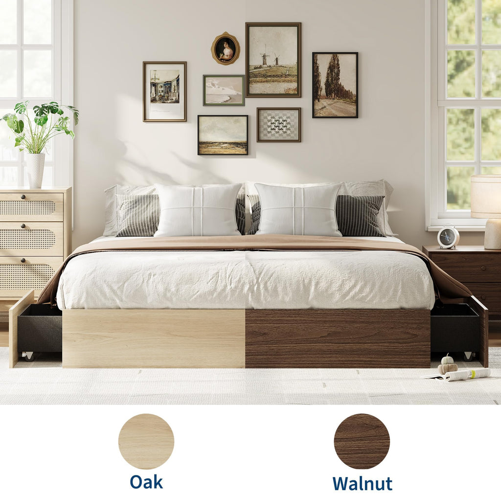 Full Bed Frame with 2 Storage Drawers, Wood Platform Bed