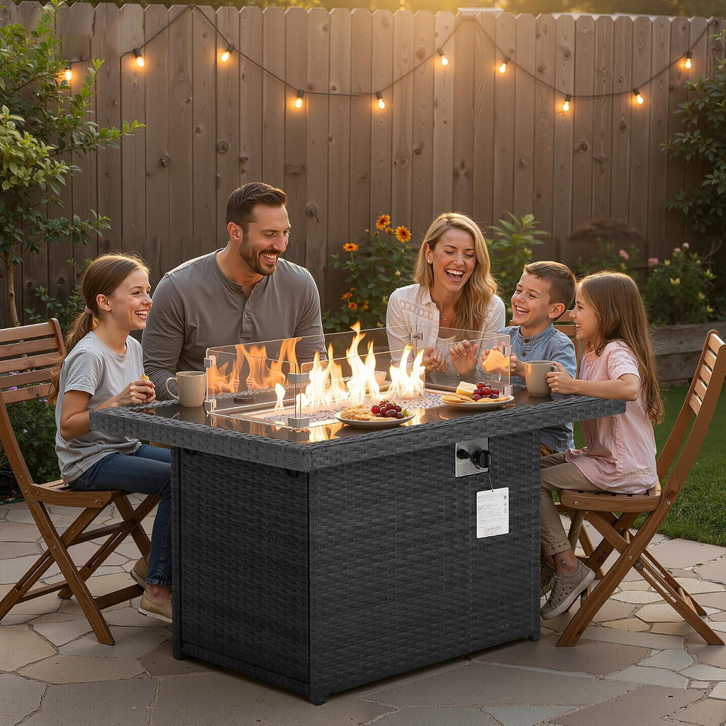 Wicker Propane Fire Pit Table, 60000 BTU Large Natural Gas Firepit Tables, 43'' Rectangle CSA Fireplaces for Deck