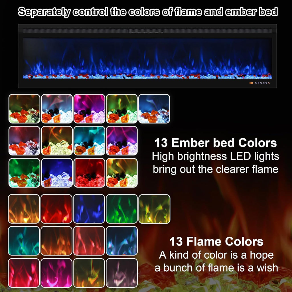 50 Inch Smart Electric Fireplace Insert with Heater, Recessed or Wall Mounted, Remote and App Control, 9H Timer