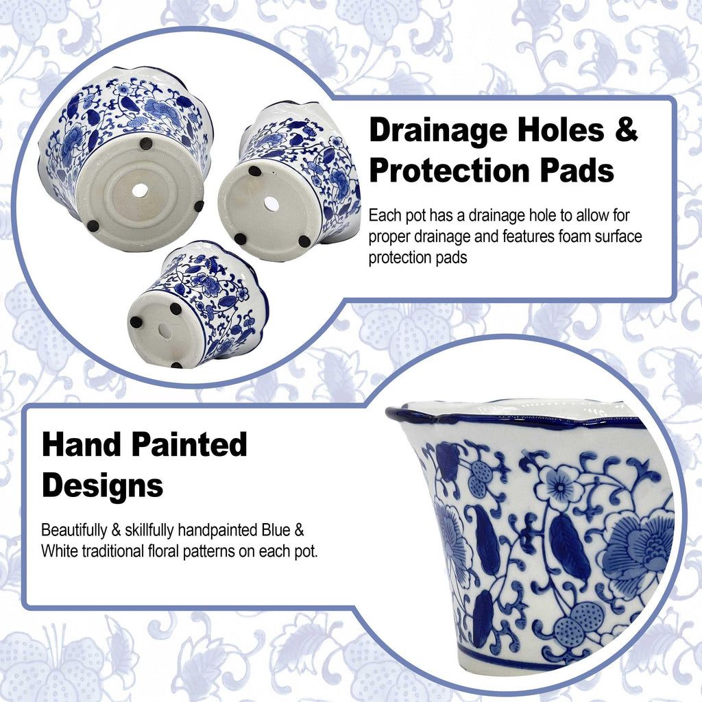 Blue & White Floral Porcelain Ceramic Decorative Flower Pot 8"/6"/4.5" Garden Pots Chinese Asian Design - Set of 3