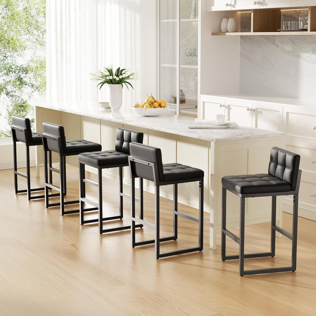 24" Bar Stools Set of 2, Modern Faux Leather Counter Height Bar Stools with Low Back and Footrest, Sturdy Thickened