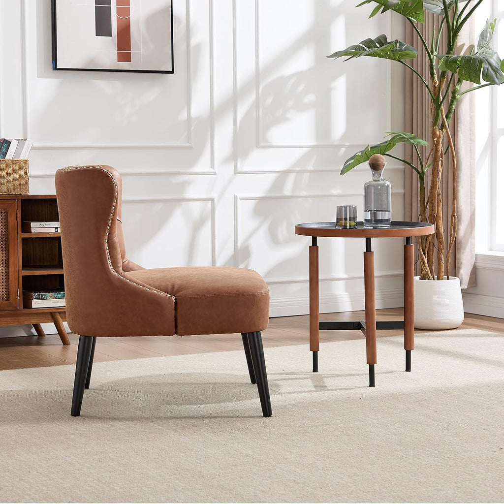 Accent Chair, Leather Slipper Chair with Button Tufted Wingback, Armless Living Room Chair with Nails Decorative