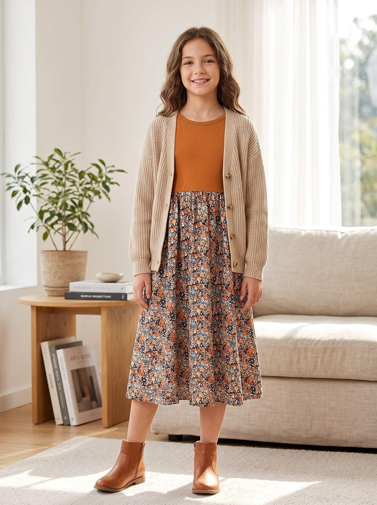 Floral Fall Midi Dresses for Tweens Pockets Party