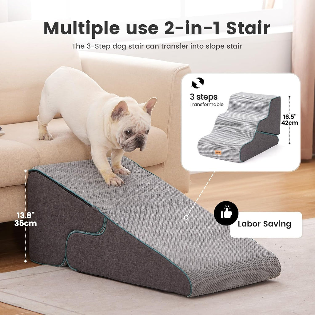 Dog Stairs for Small Dogs 16.5" H, 2 in 1 Transformable 3-Step Pet Stairs and ramp, Dog Steps for Couch (13-20 in)
