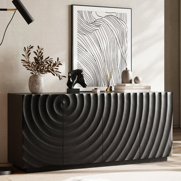 Modern Buffet Sideboard Cabinet, 3D Wave Textured Artistic Storage Cabinet with 4 Doors, Freestanding Credenza