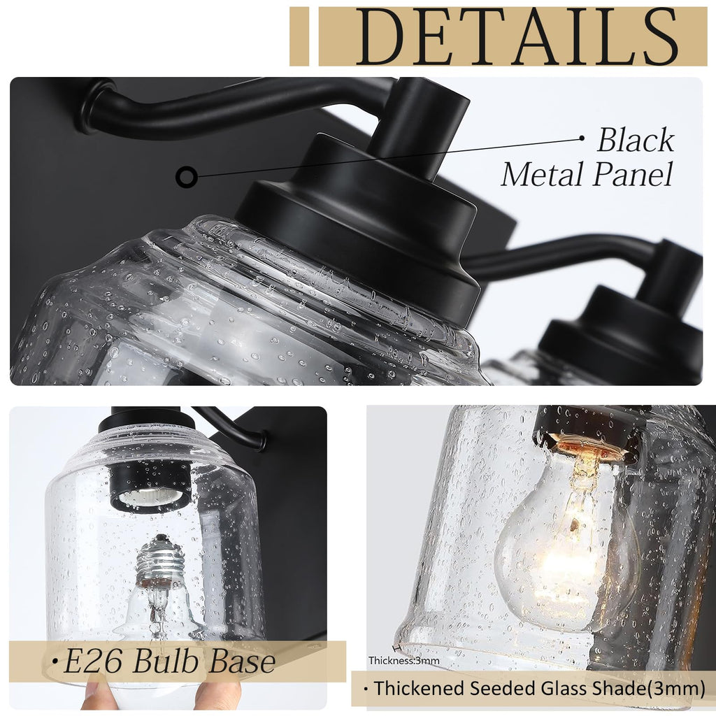 16" 2-Light Farmhouse Bathroom Vanity Light with Bubble Glass, Black