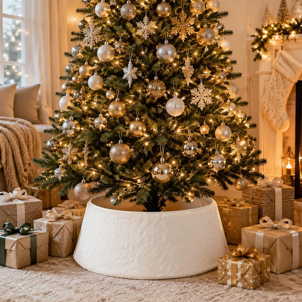 Christmas Tree Collar, 28 Inches Silky Fur White Tree Skirt with Plastic Stand for 6FT Trees, Boho Christmas Decor