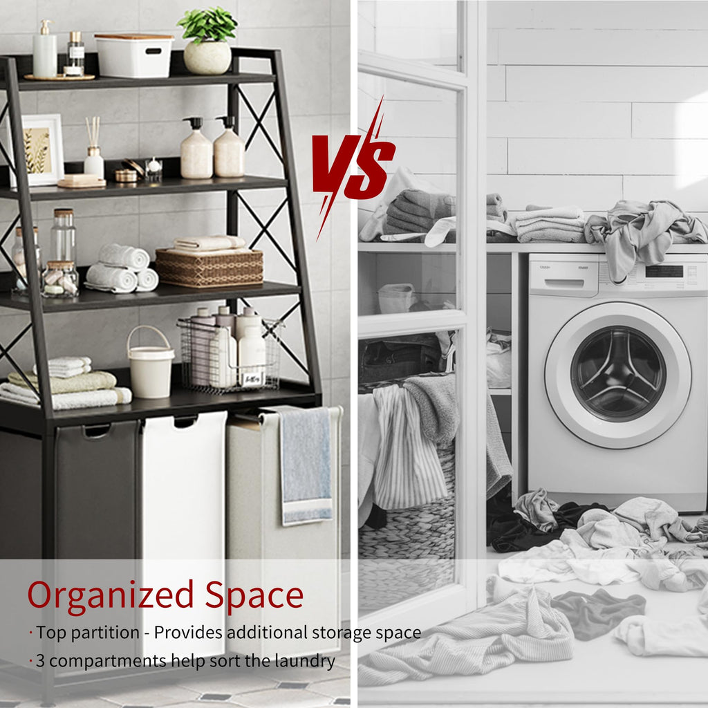 Laundry Basket, 3 Section Laundry Hamper with 4 Tiers Shelf, Pull-Out and Removable Laundry Bags, Large 3 x 15.87