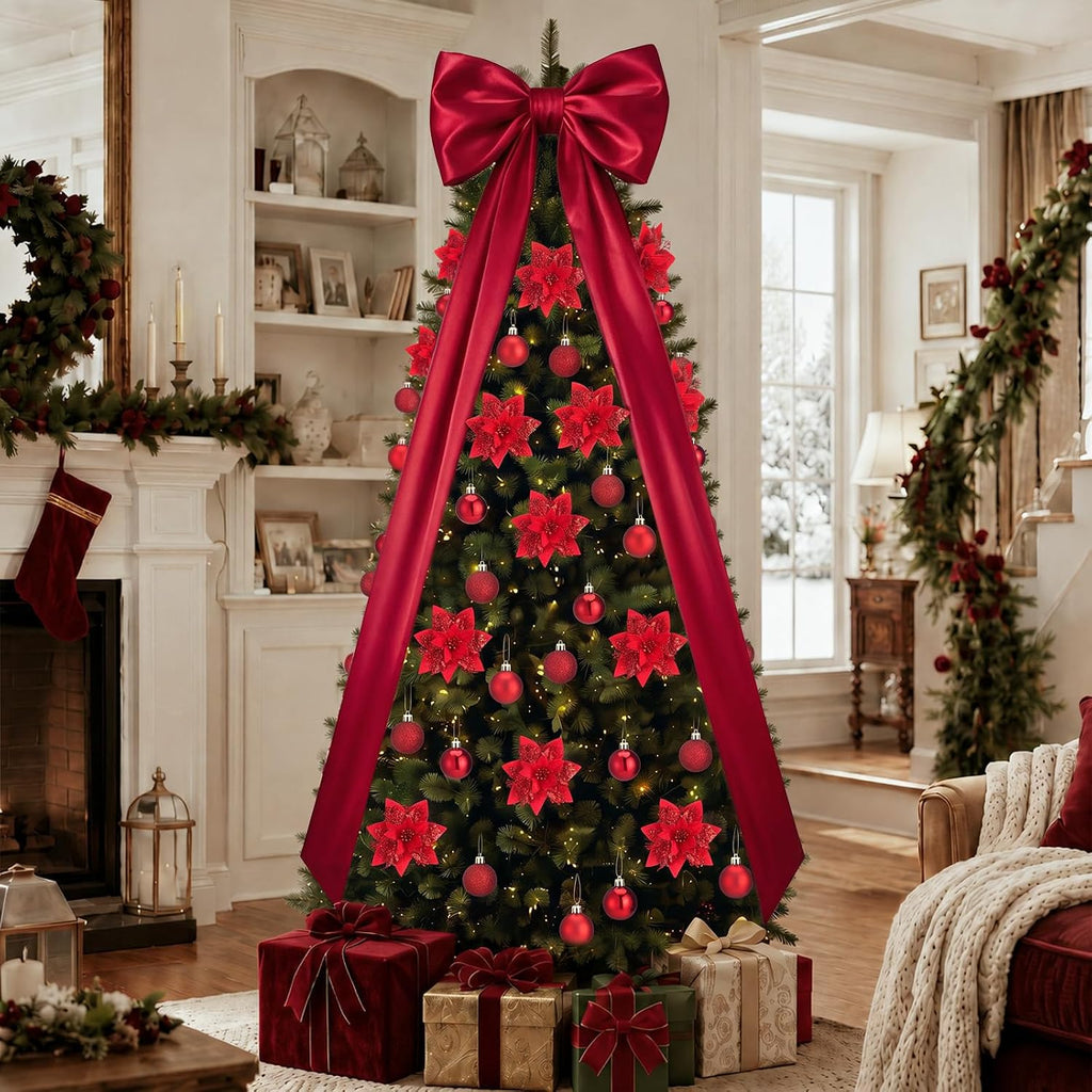 Christmas Tree Decoration Set with Burgundy Tree Topper Bow - Set of 52