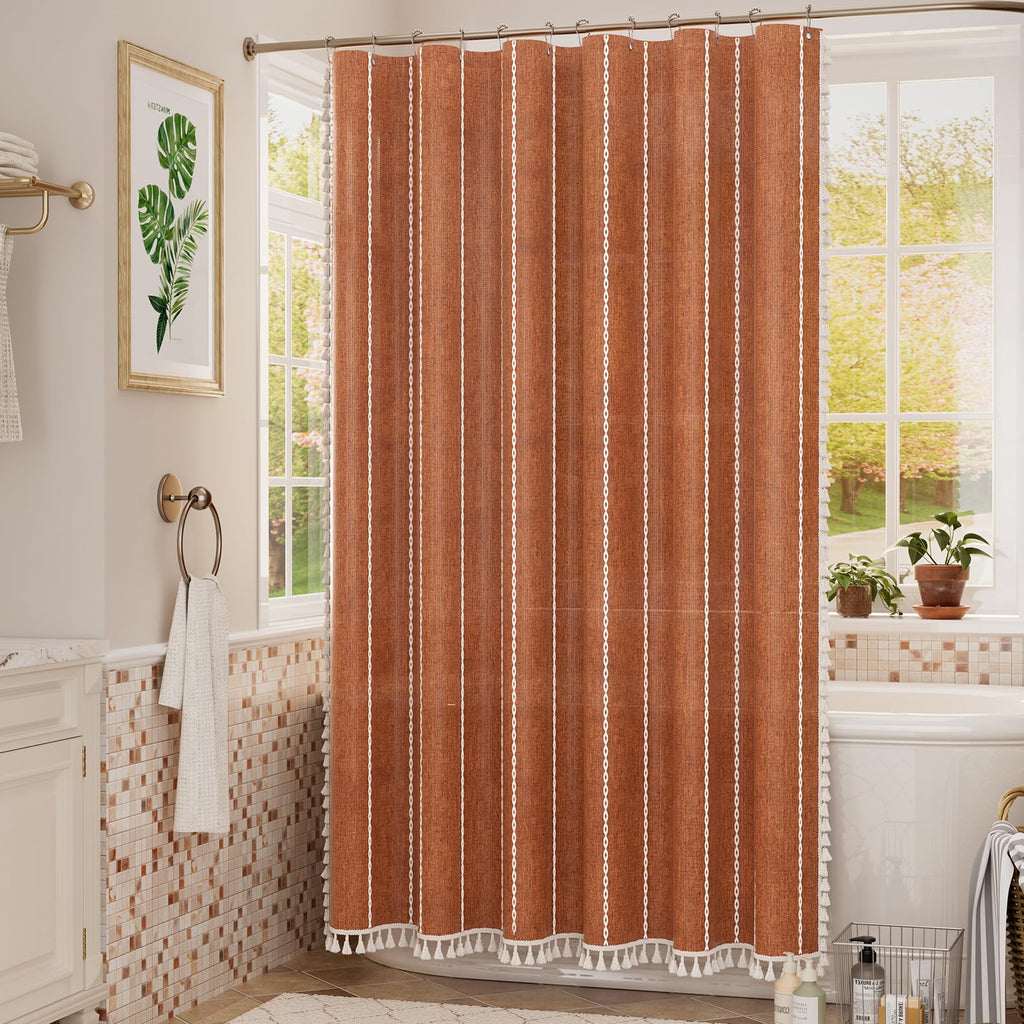 Farmhouse Shower Curtain Boho with Tassels, Linen Blend Heavy Duty Fall Shower Curtain Set with 12 Metal Hooks