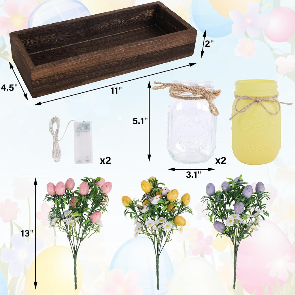 Easter Decorations, Easter Table Centerpiece with Egg Picks in Glass Vases, Wood Tray & Led Lights with Timer, Spring - Set of 3