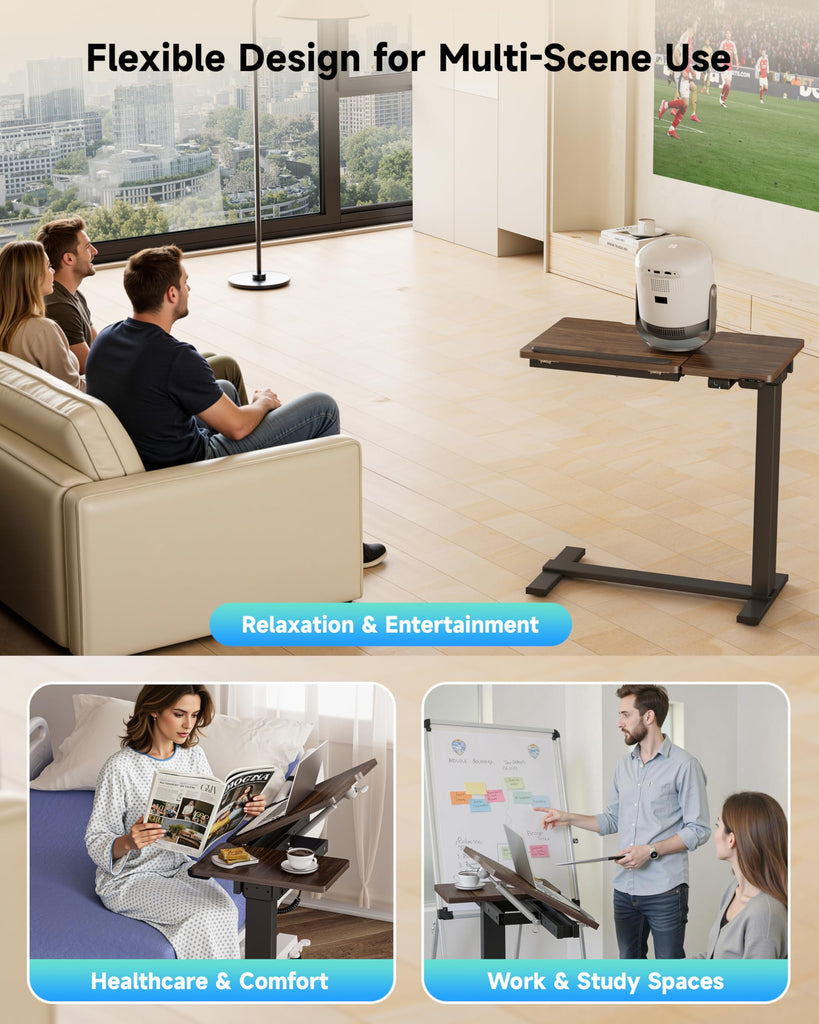 Small Electric Standing Desk, Overbed Table Wireless Tilt Top with Hidden Wheels, 27.6×15.8 Inch Adjustable Rolling