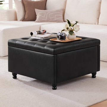 30" Large Square Ottoman with Storage, Leather Ottoman Coffee Table, Black | Tufted Upholstered Ottoman , Oversized