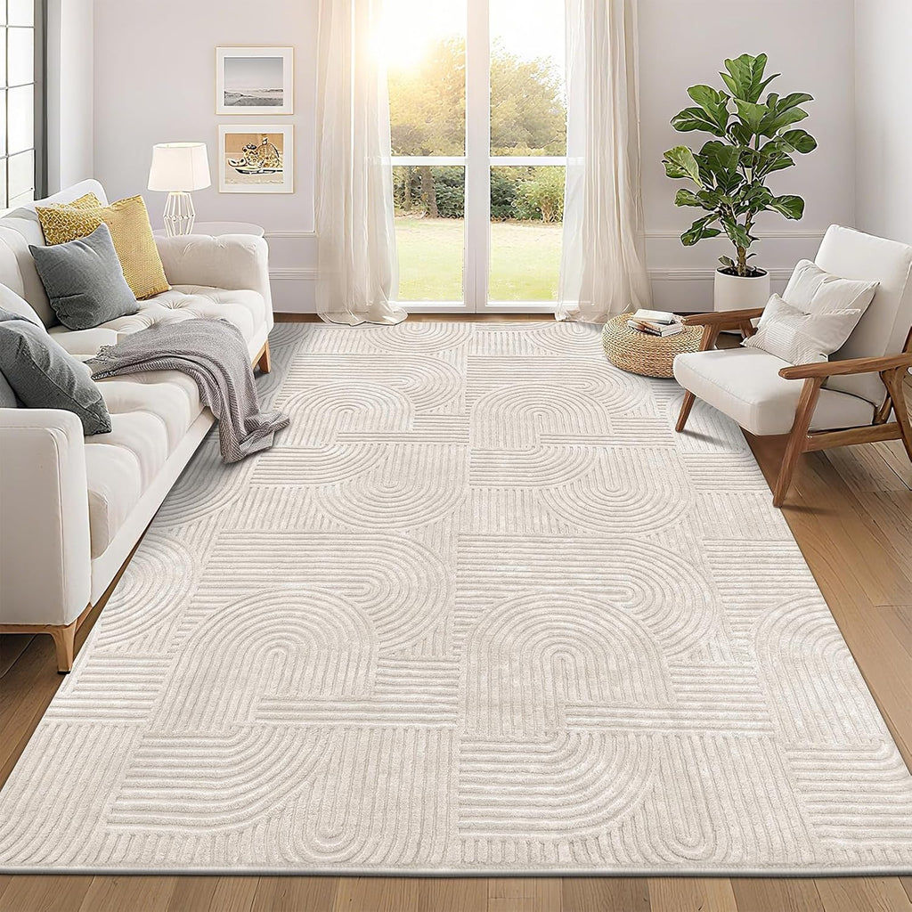 8x10 Washable Solid Color Area Rug, Soft Fluffy Non-Slip Carpet for Bedroom Dining Room Beige