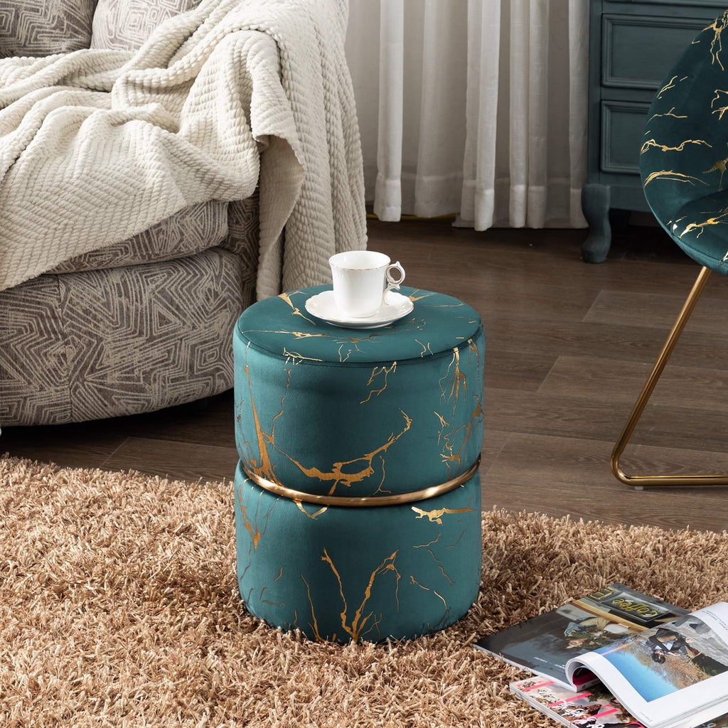 Round Velvet Vanity Ottoman Stool, Bedroom Footrest Atrovirens