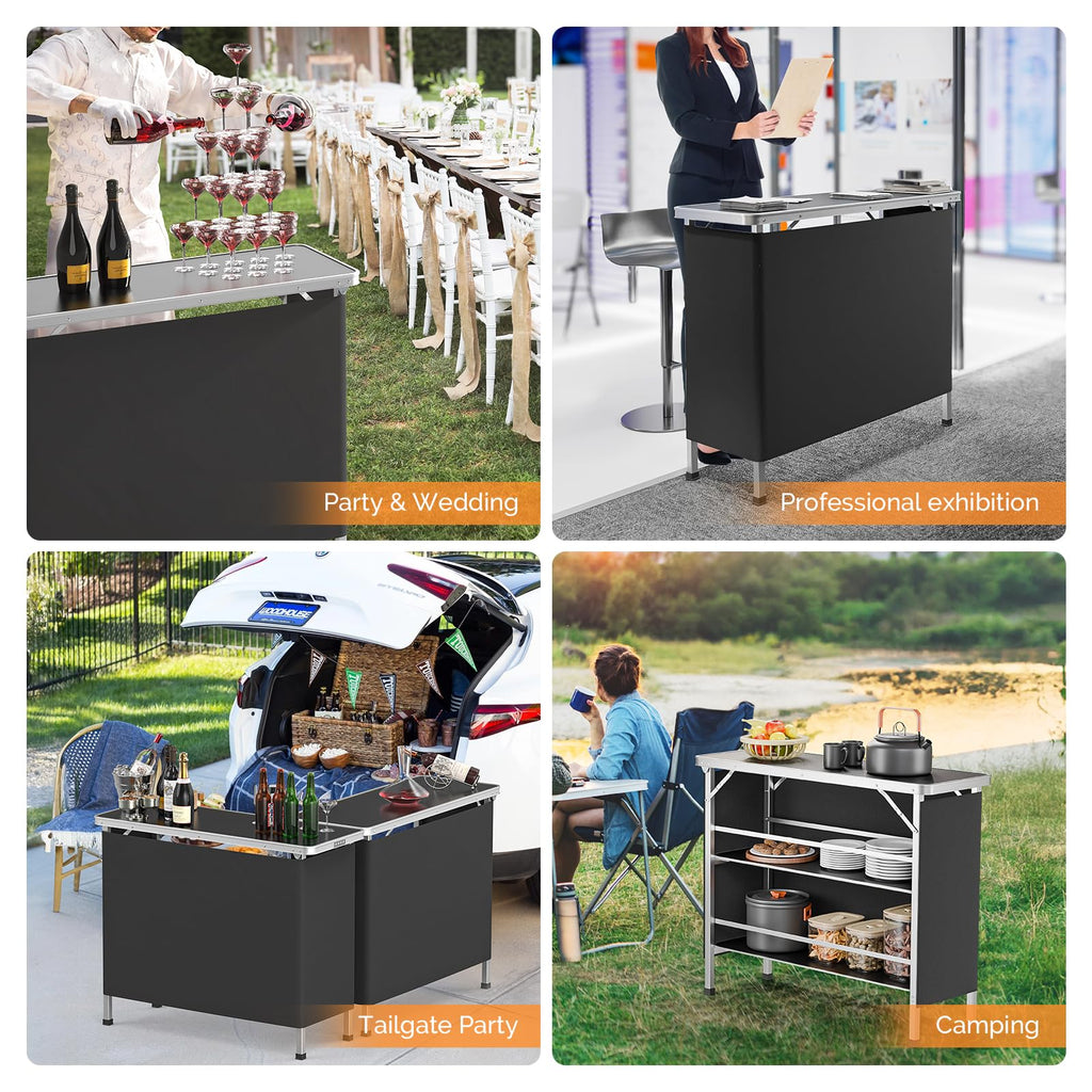 43" Portable Bar Table, 3-Tier Shelves, Mobile Bar Table for Events, Party, Camping, Picnic, Tradeshow, Indoor with