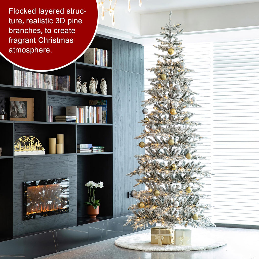 10ft Prelit Christmas Tree, Artificial Flocked Christmas Tree with 2335 PE&PVC Branch Tips, Deluxe Majestic Frostfall