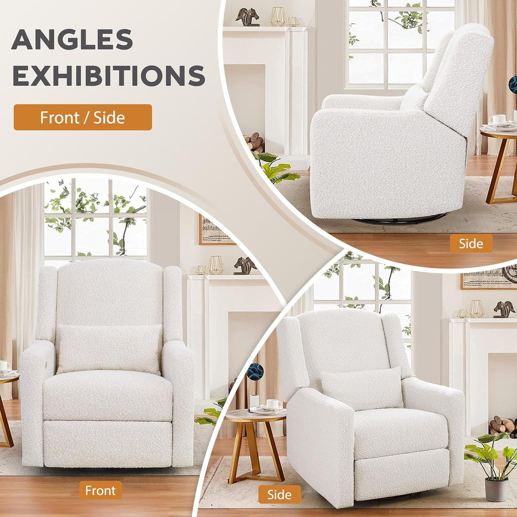 Power Recliner Chair Swivel Glider, Large Rocker Recliner, Cream | Boucle Upholstered Swivel Rocker Glider Recliner