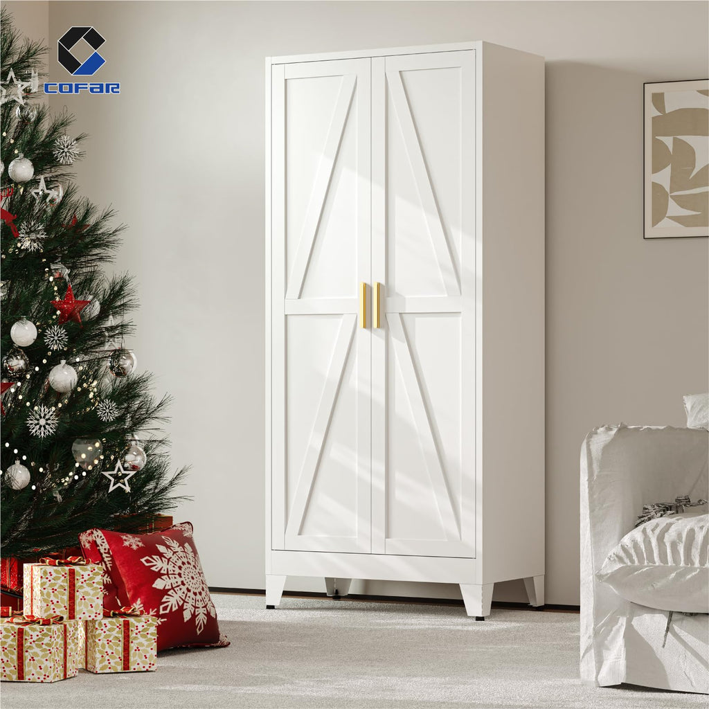 71'' Metal Wardrobe Closet, Bedroom Armoire Cabinet with Adjustable Hanging Rod and Shelves, 2 Doors Farmhouse Closet