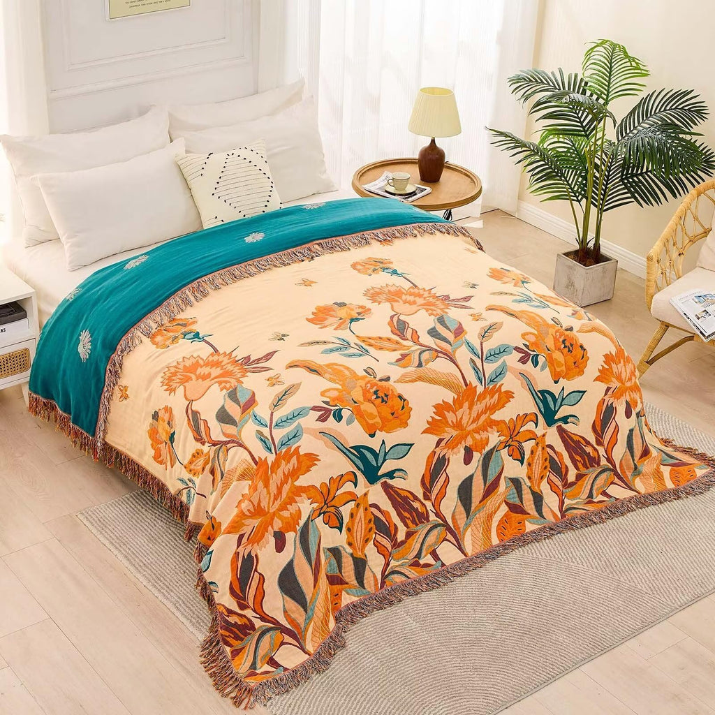 Boho Throw Blanket for Bed, 100% Cotton Soft Rustic Quilt Fall Blanket, 90"x98" Floral Printed Farmhouse Decor Bed