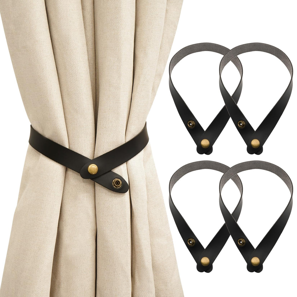 PU Leather Curtain Tiebacks, No Drill Holdbacks, Black, 4 Pack