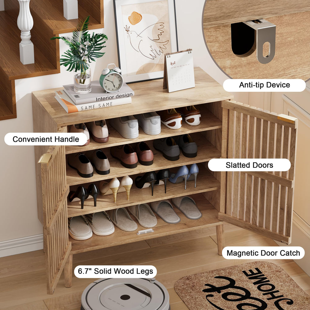 Freestanding Shoe Storage Cabinet with Fluted Slatted Doors, Wooden Hidden Shoe Organizer, Closed Shoe Rack Foyer