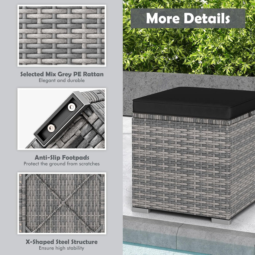 Patio Ottoman Set of 2, Outdoor Wicker Stools with Storage, Rattan Footrest Ottoman with Solid Metal Frame and