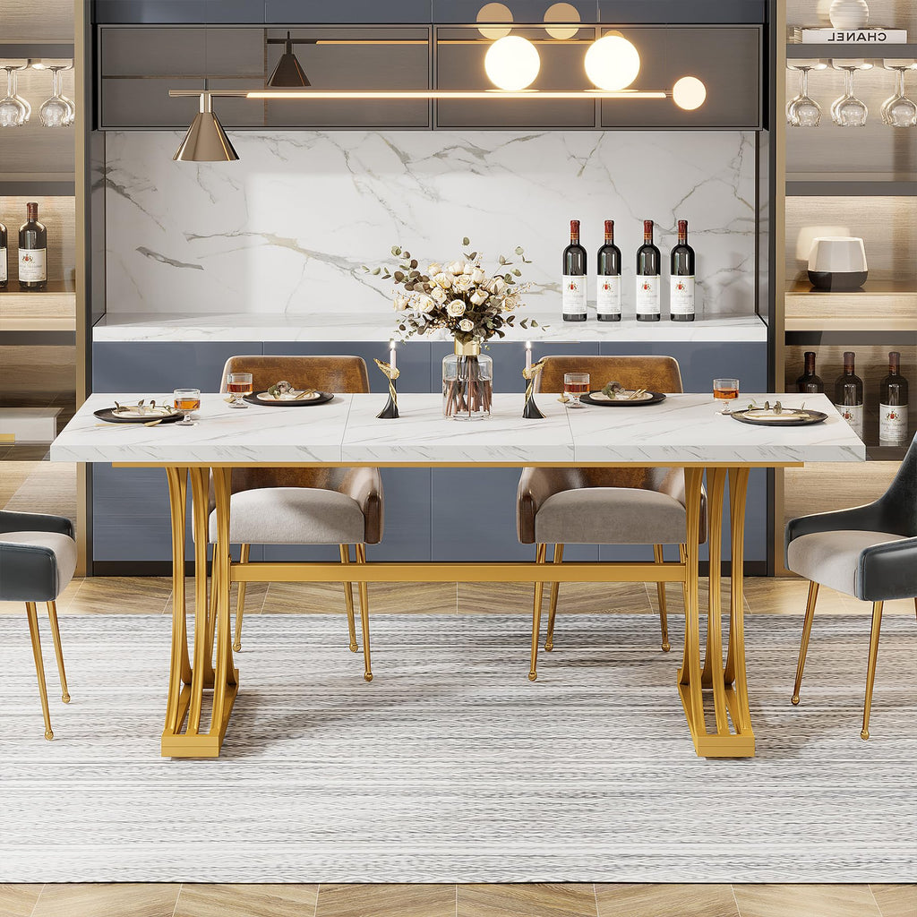 63-Inch Rectangular Dining Table for 4 to 6, Modern Kitchen Tables with Stylish Metal Trestle Legs, Large Dinner
