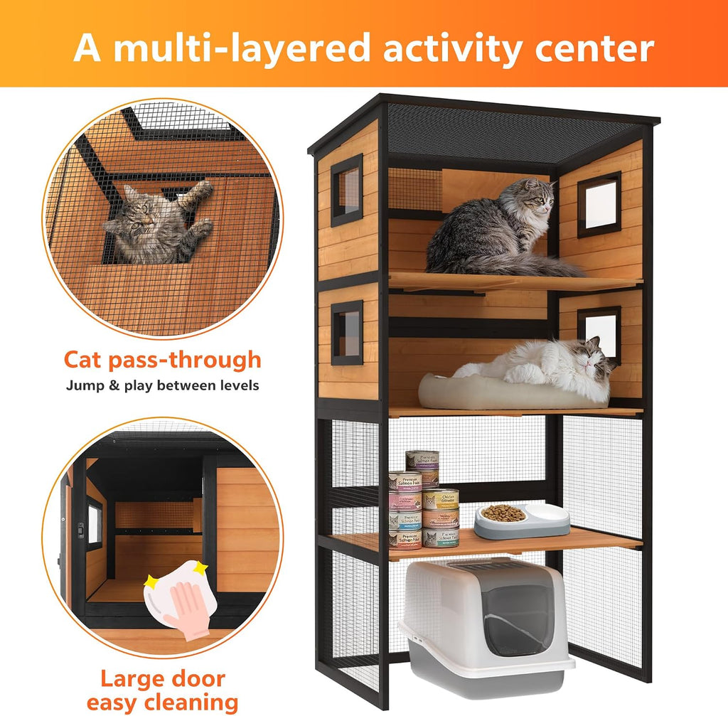 Oversized Catio Outdoor Cat Enclosure, Wooden 4 Tiers Cat Enclosures with Weatherproof Roof, Large Cat Patio Conect